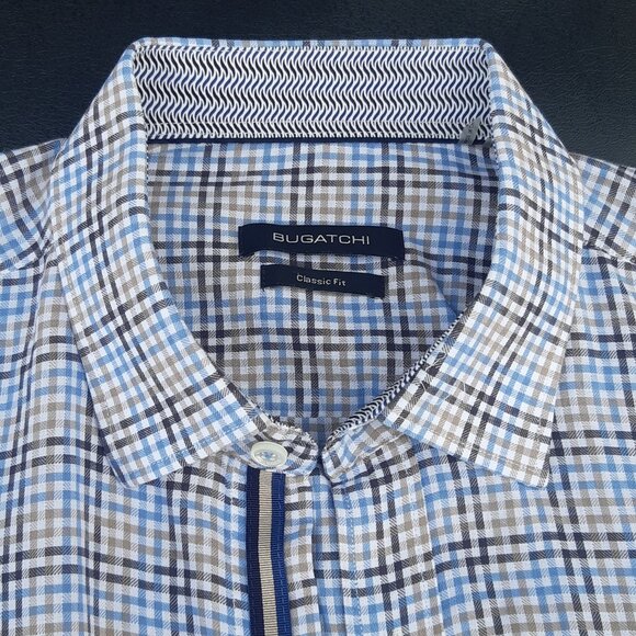 Bugatchi SZ 15.5 Classic Fit Cotton Men's Button Up Shirt- Blue, Tan and White - Picture 1 of 13